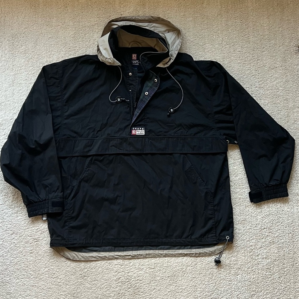 Vintage Chaps Ralph Lauren Jacket Mens L Black Anorak Hooded Pullover Windbreake
